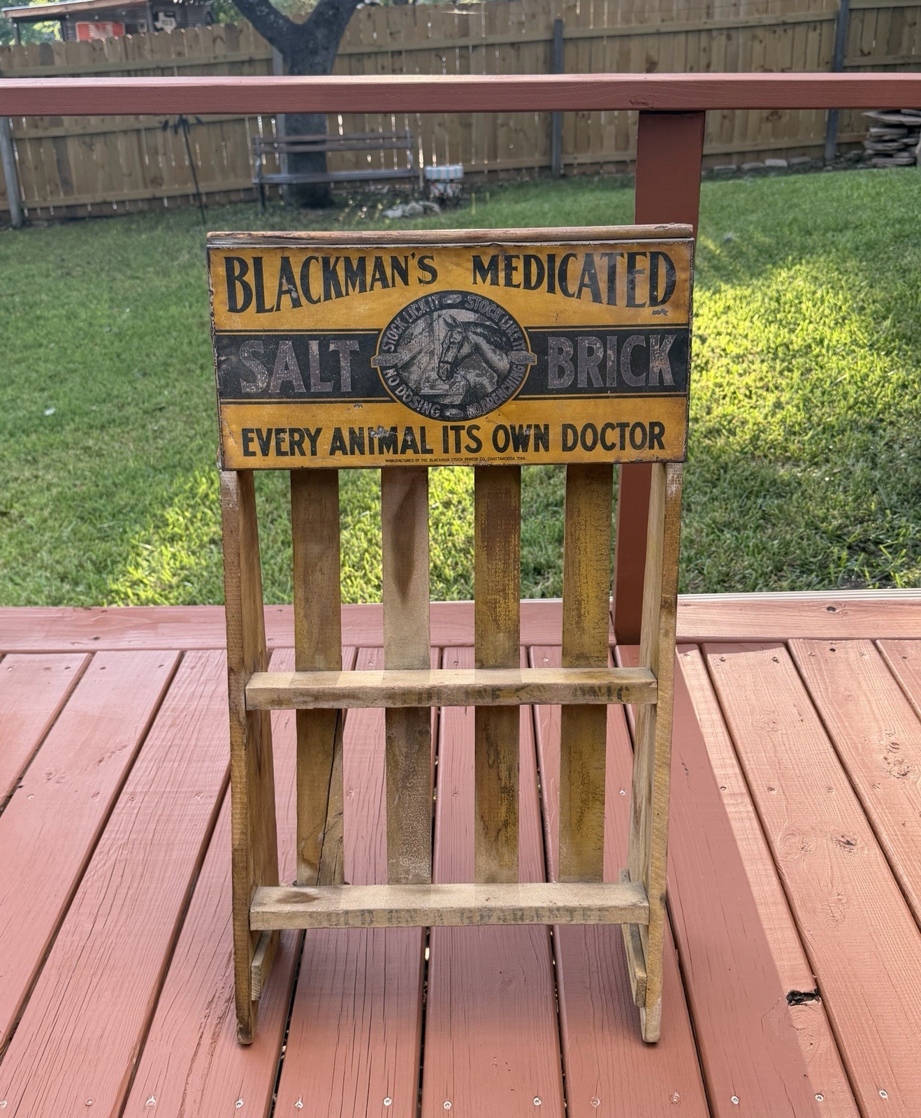 ANTIQUE BLACKMAN\'S MEDICATED SALT BRICK TIN SIGN WOOD STORE SHELF RACK DISPLAY