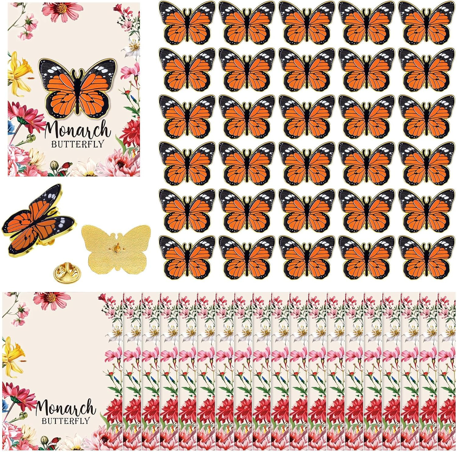 30 Sets Monarch Butterfly Pins on Cards Bulk Enamel Butterfly