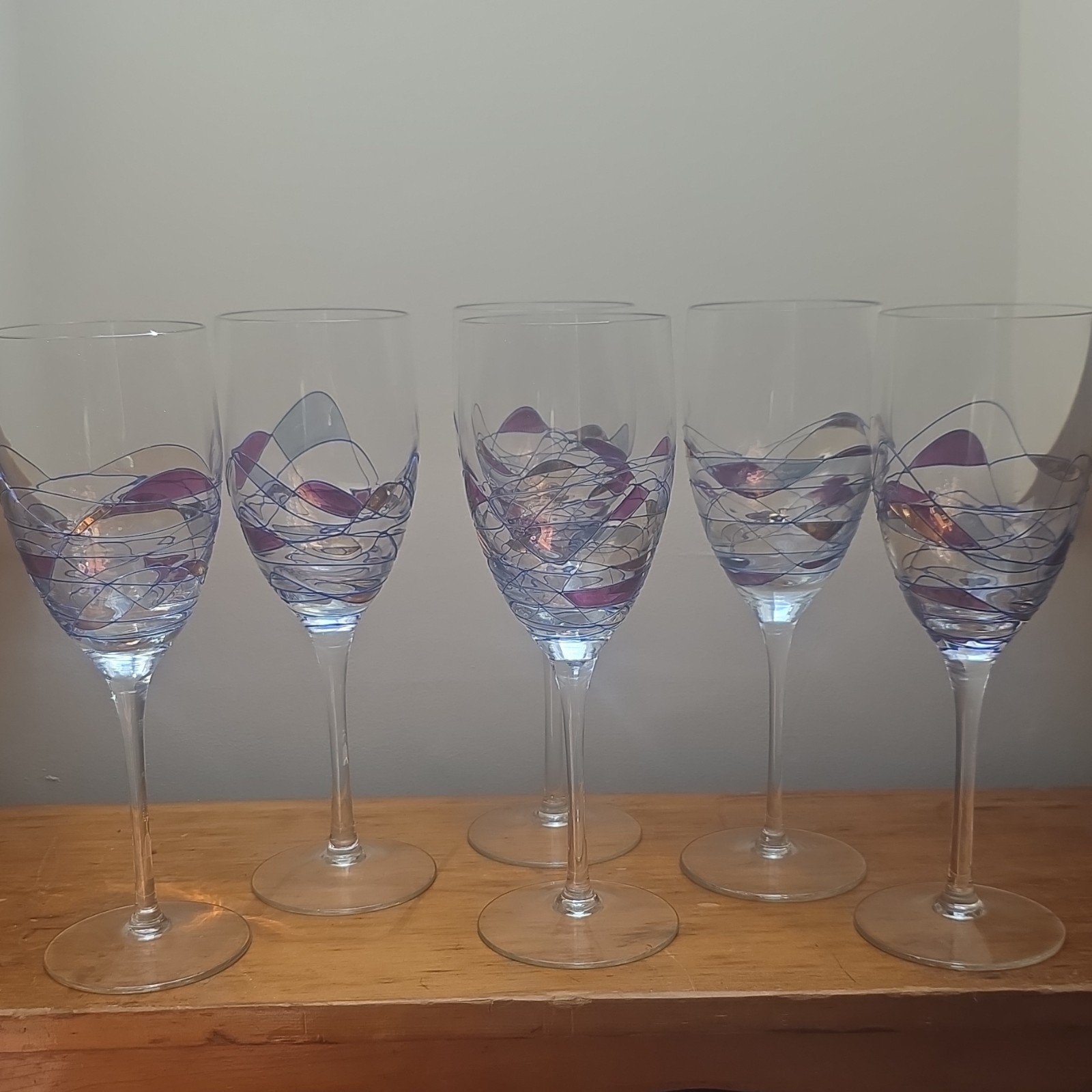 StunniMilano Fostoria Romania Stained Mosaic  Wine Glasses-Set 6 hand Blown 11”