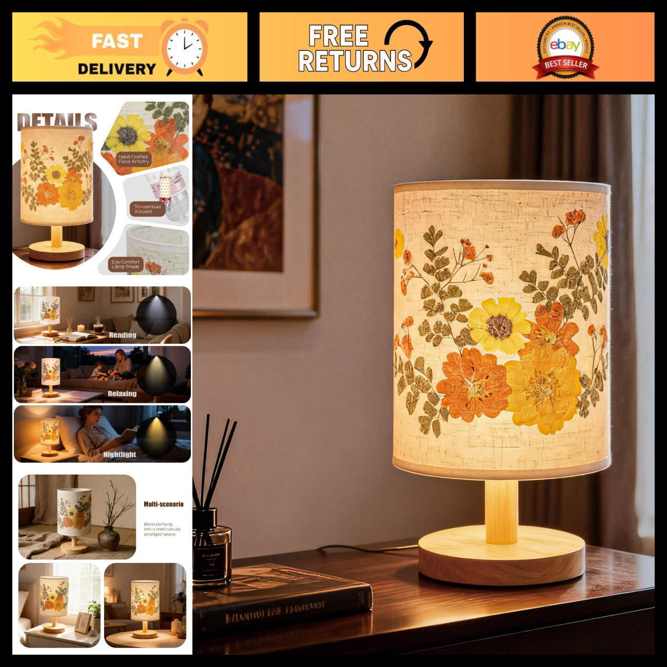 Handmade Floral Pressed Nightstand Lamp - Vintage Table Light with Adjustable Wa