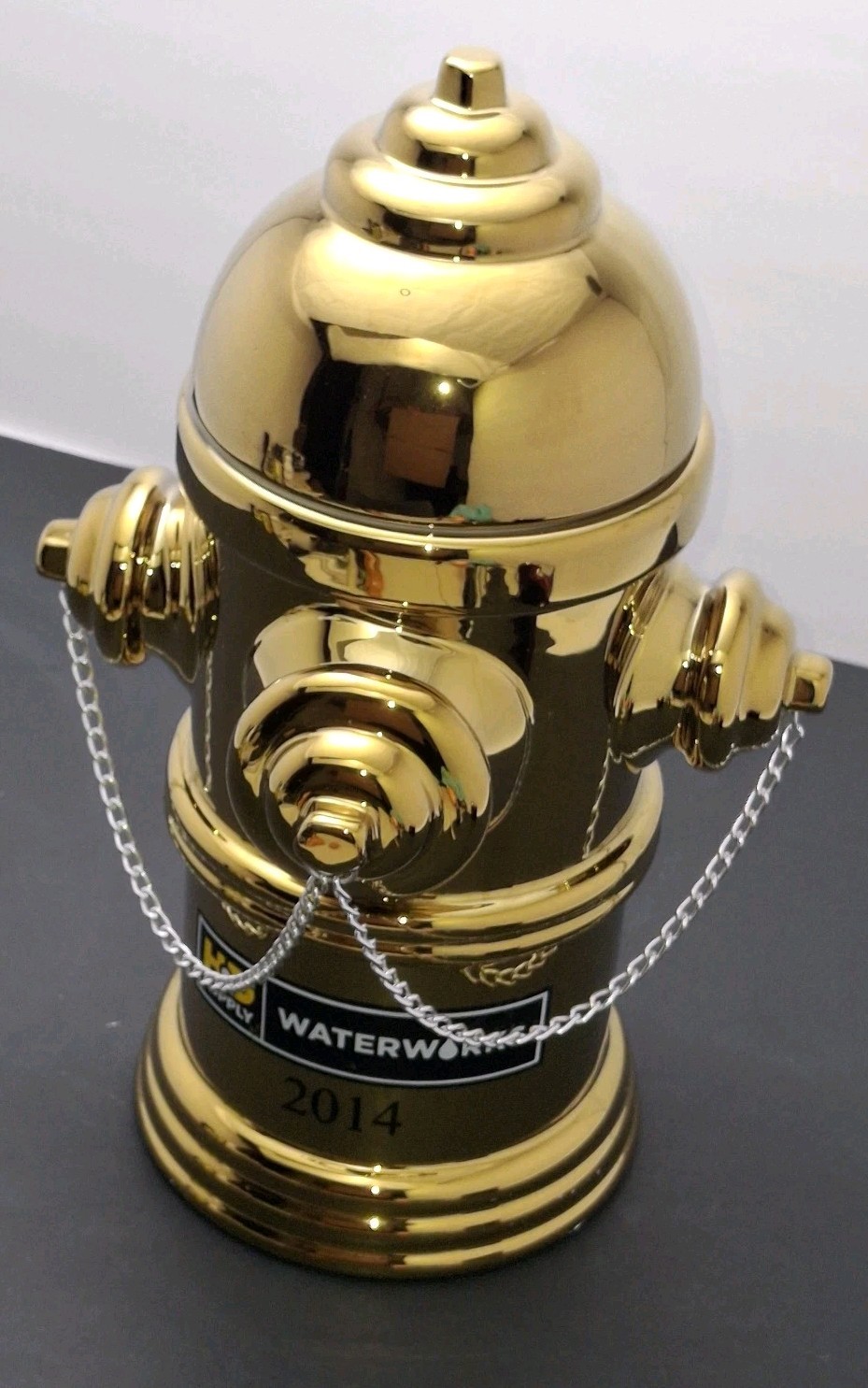 Gold Fire Hydrant Cookie Jar w/ Lift-Off Lid & Chain, Ceramic Porcelain, 2014