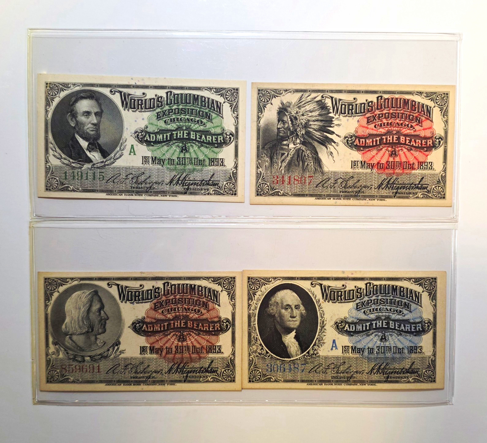 1893 Signed World’s Fair Columbian Exposition Chicago Admission Tickets Lot of 4