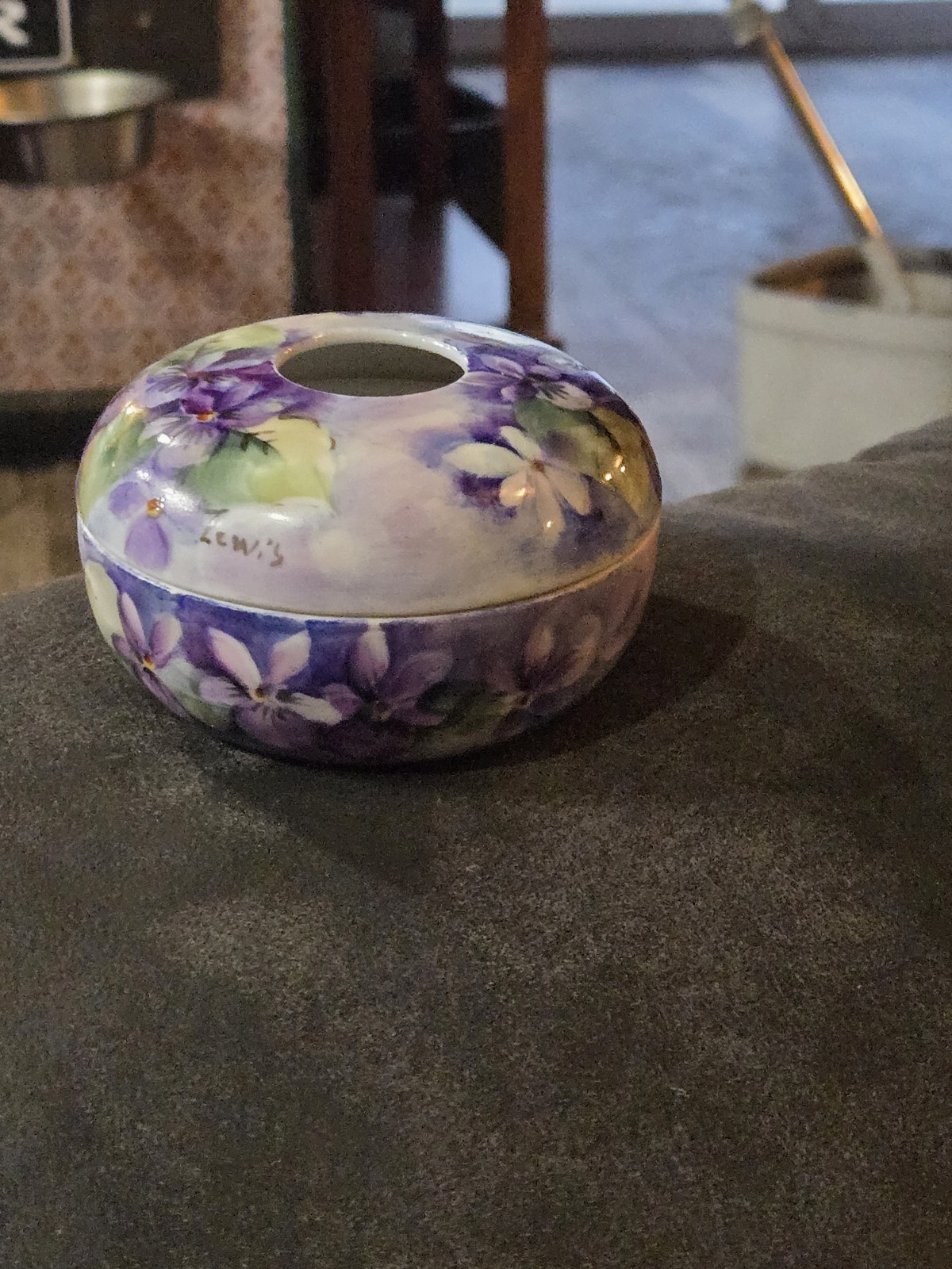 Antique PK Silesia Hand Painted Porcelain Hair Receiver Box Violets Signed Lewis