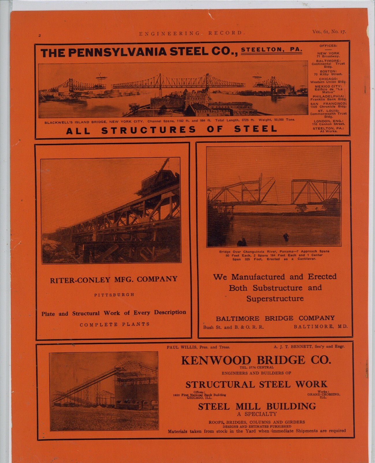 1910 Bridge Ads on 1 Pg: Blackwell Island New York City Changuinola River Panama