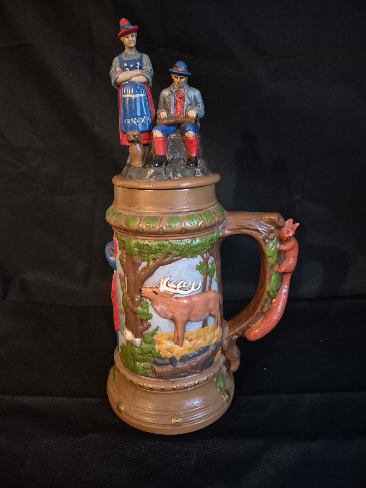Large German Hunting Beer Stein with Lid 15.5 Inches Tall Beautiful Piece