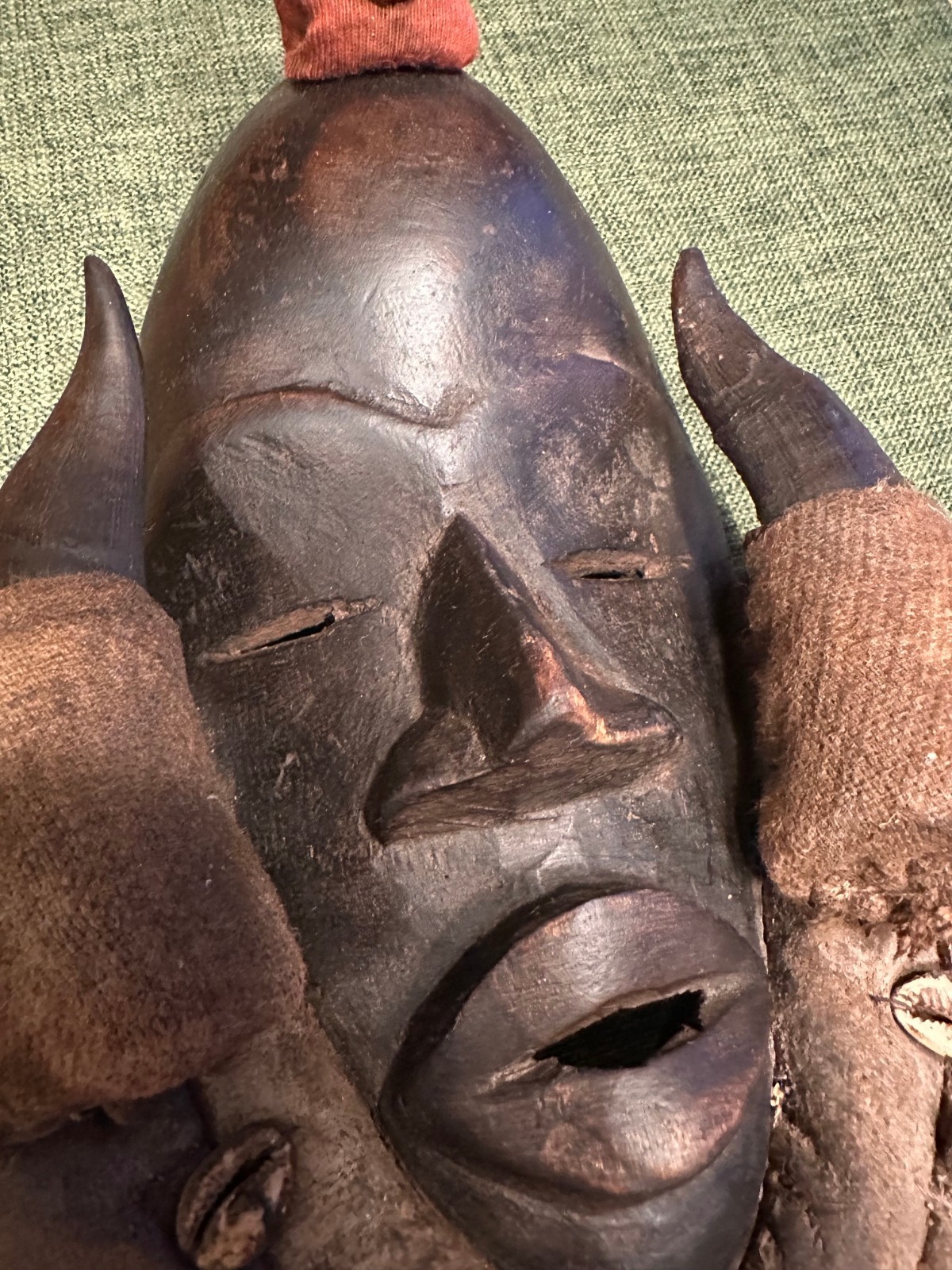 Hand-Carved West African Dan Tribal Mask  w/ textile wrap & cowrie shells