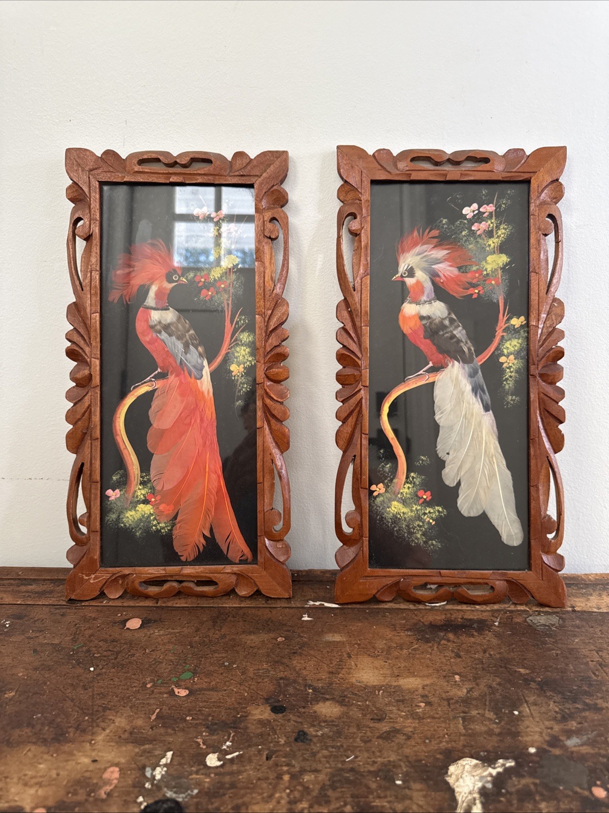 VINTAGE Pair CARVED WOOD FRAME FEATHERED COCATEEL PAINTING Mexican Feather Craft