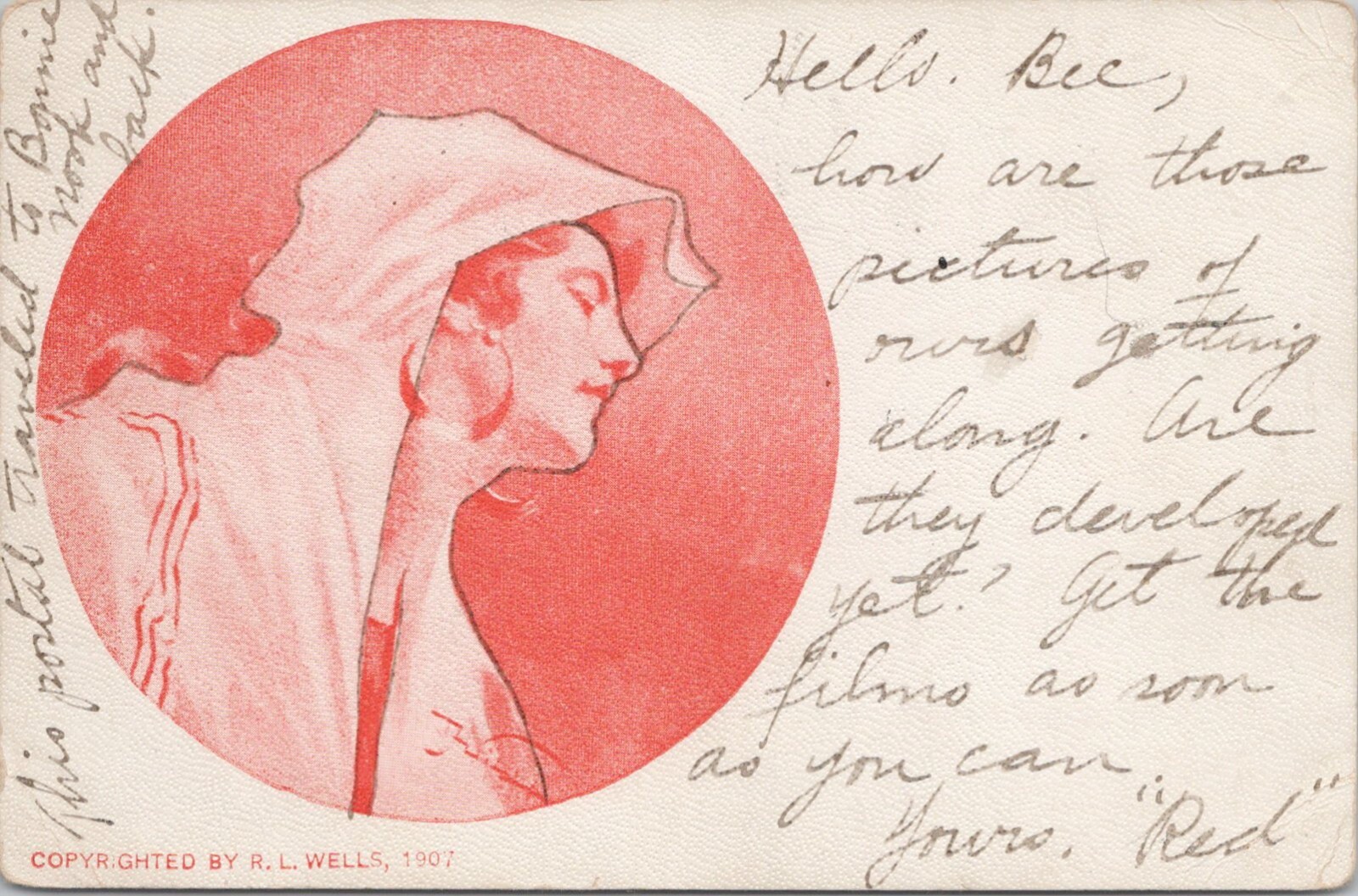 Artist-Signed PC 1907 R.L. Wells Woman in Hooded Cape & Hoop Earrings Artist-Signed PC 1907 R.L. Wells Woman in Hooded Cape & Hoop Earrings