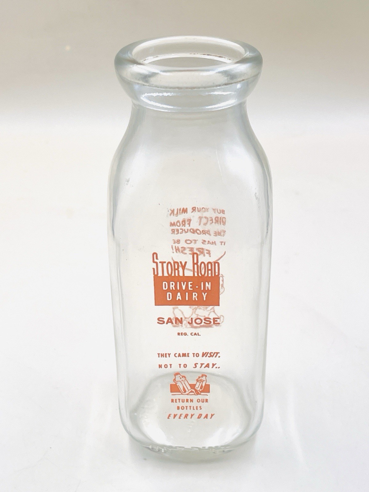 RARE Vintage Story Road Drive-In Dairy San Jose One Pint Milk Bottle