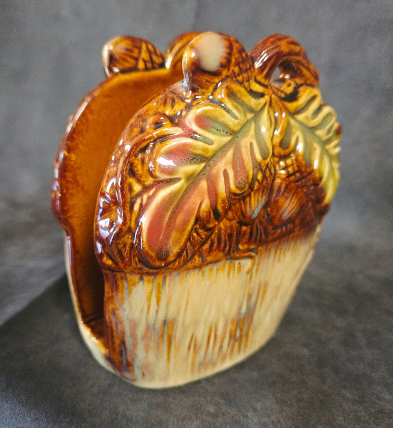 Vintage Ceramic Oak Leaf Acorn Napkin Holder Fall Autumn Drip Glaze 4