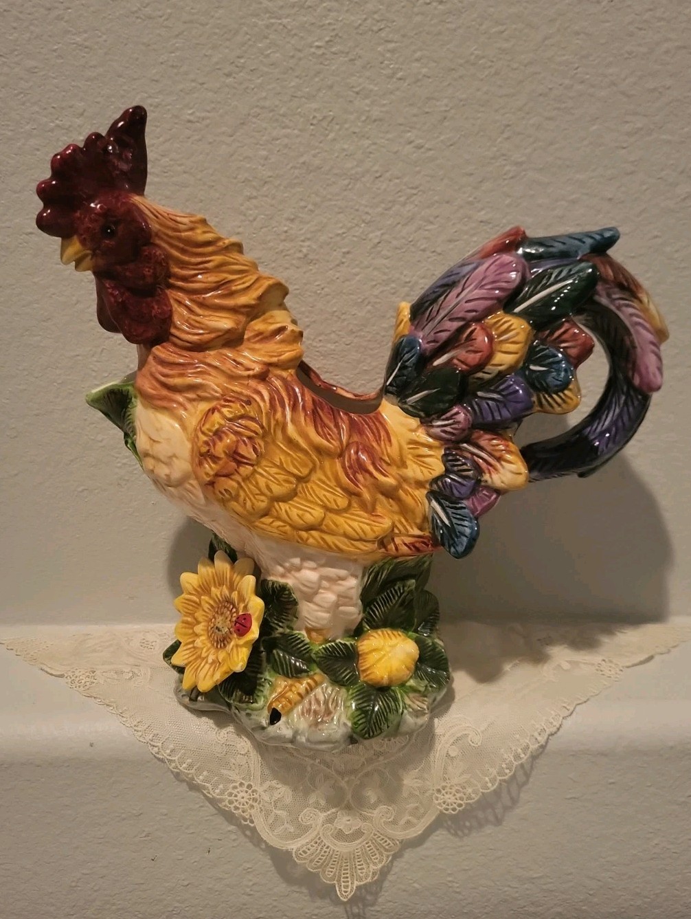 12” tall +- Country Rooster Ceramic Pitcher with Sunflower Bright Colors No Lid