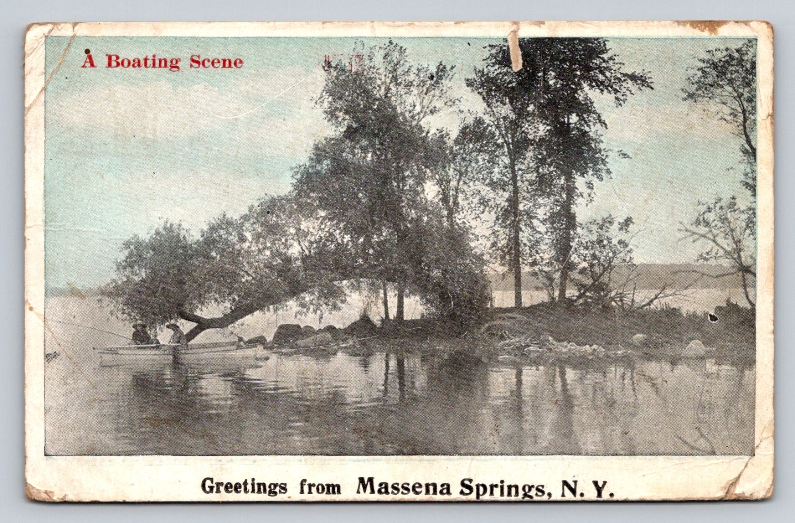 Postcard Boat Boating Scene Greetings From Massena Springs New York P887