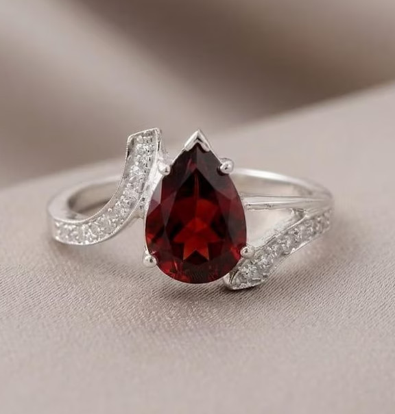 2 Ct Pear-Cut Lab-Created Garnet Gemstone Bypass Ring 14k White Gold Plated Gift