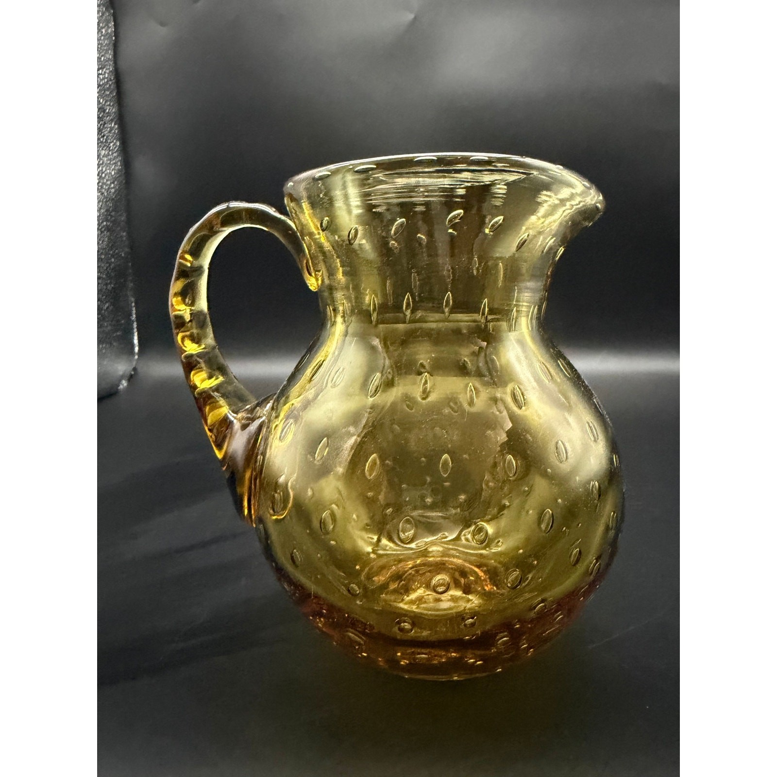 Vintage Amber Glass Blown Cream Pitcher Controlled Bubbles Applied Handle Pontil