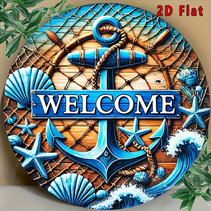 2D Flat, 1pc Aluminum Tin Metal Signs Home Décor 8x8 Inch, Nautical-Themed Welco 2D Flat, 1pc Aluminum Tin Metal Signs Home Décor 8x8 Inch, Nautical-Themed Welco