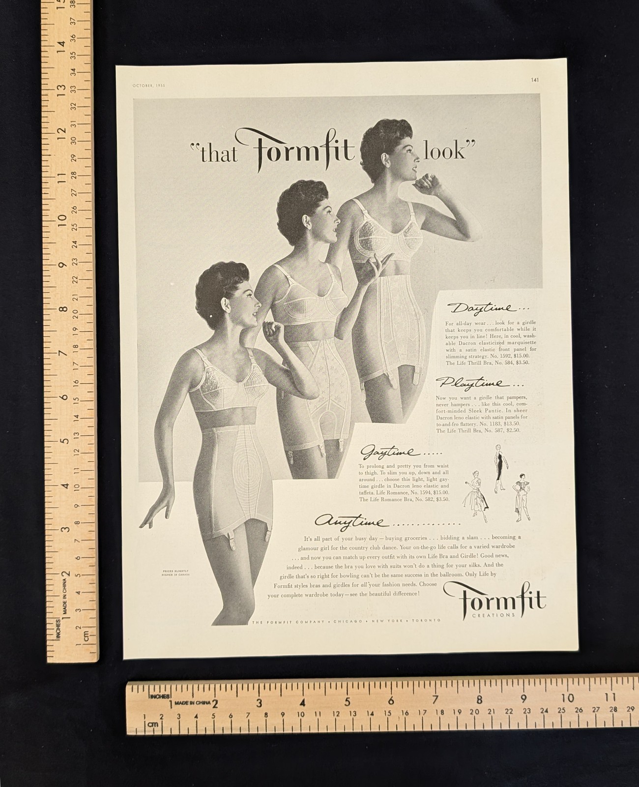 Vintage 1955 Formfit Girdles B&W Print Ad Full Page 1950s Original Fashion Retro