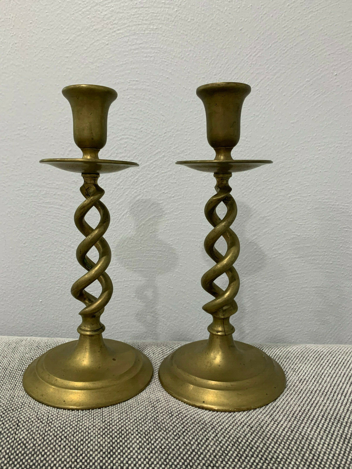 Vintage Pair of Brass Unique Open Spiral Twisted Design Candle Sticks Holders