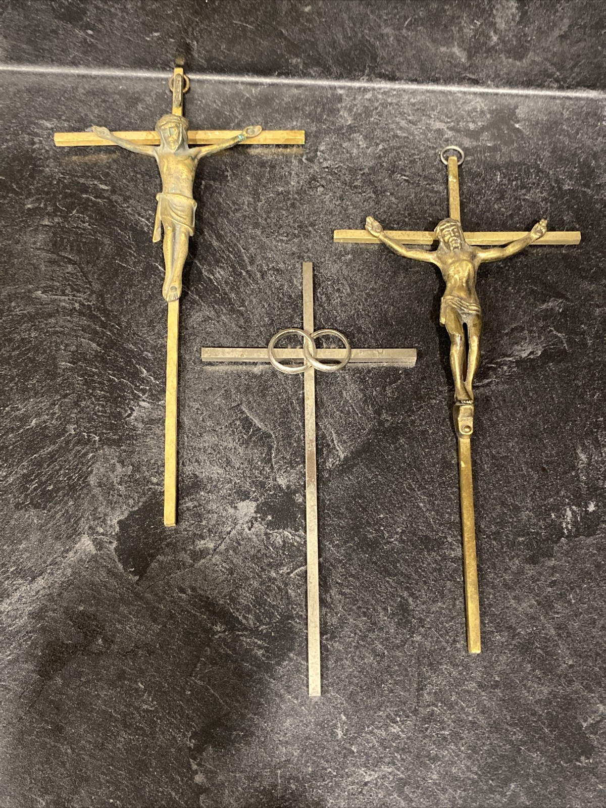 Lot of 3 Vintage Brass/Metal Wall Cross Crucifixes~ Religious Jesus Decor INRI