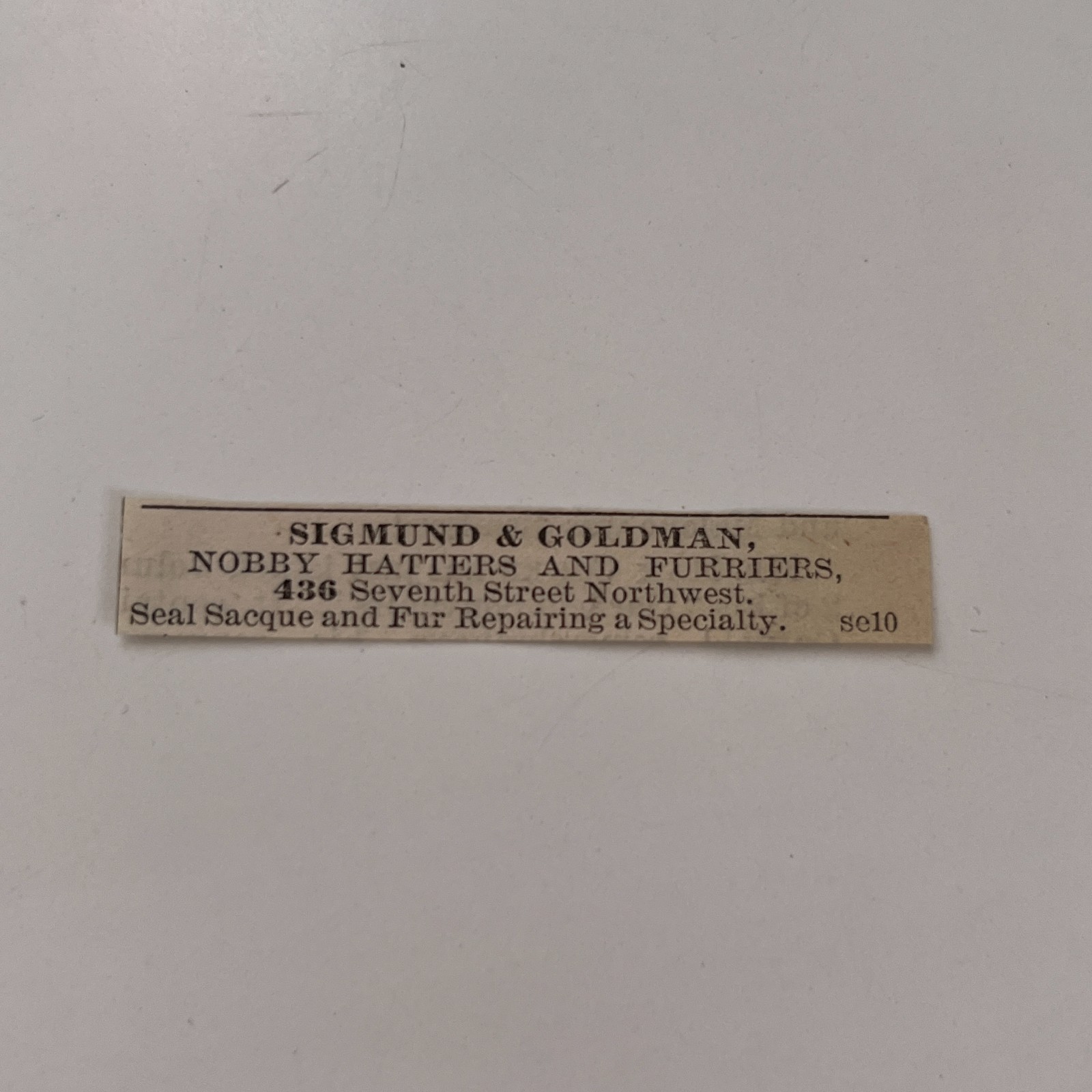 Sigmund & Goldman Nobby Hatters & Furriers 1881 Washington DC Clipping TAJ8-S24