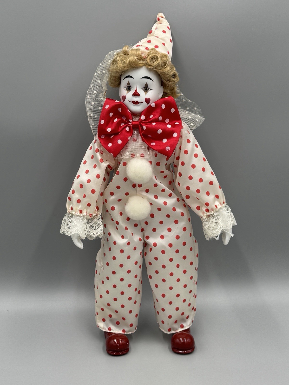 VINTAGE Porcelain Face Hands Clown Doll Polka Dot Suit Now Tie Red White 15” VINTAGE Porcelain Face Hands Clown Doll Polka Dot Suit Now Tie Red White 15”