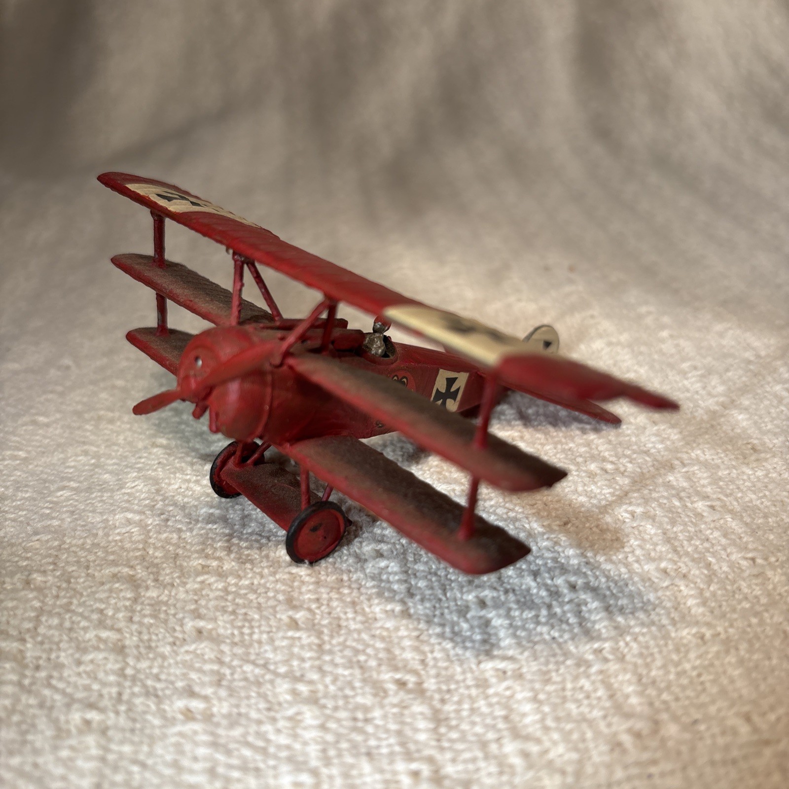Vtg Wooden Miniature Fokker Dr.I Triplane “Red Baron” Red w/ White & Black Cross