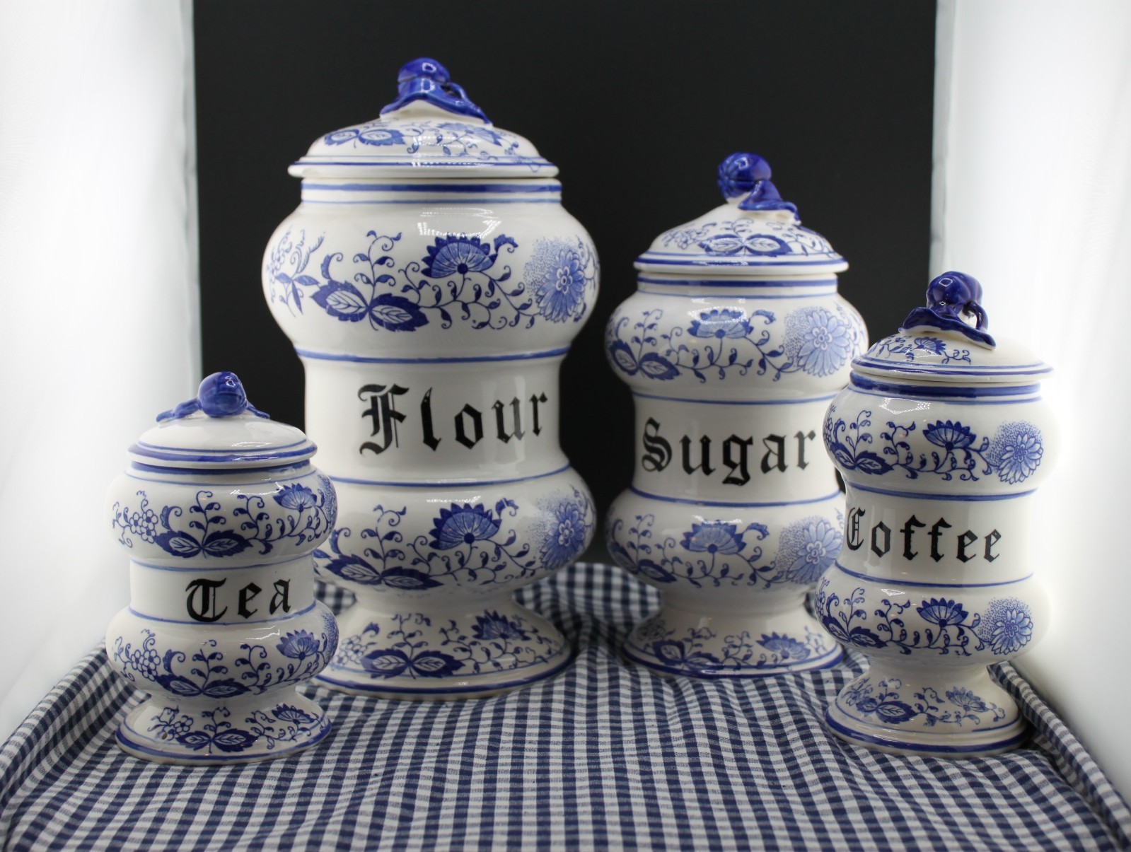 Vintage Blue Onion Ceramic Canister Set 4pcs Flour Sugar Coffee Tea w/lids
