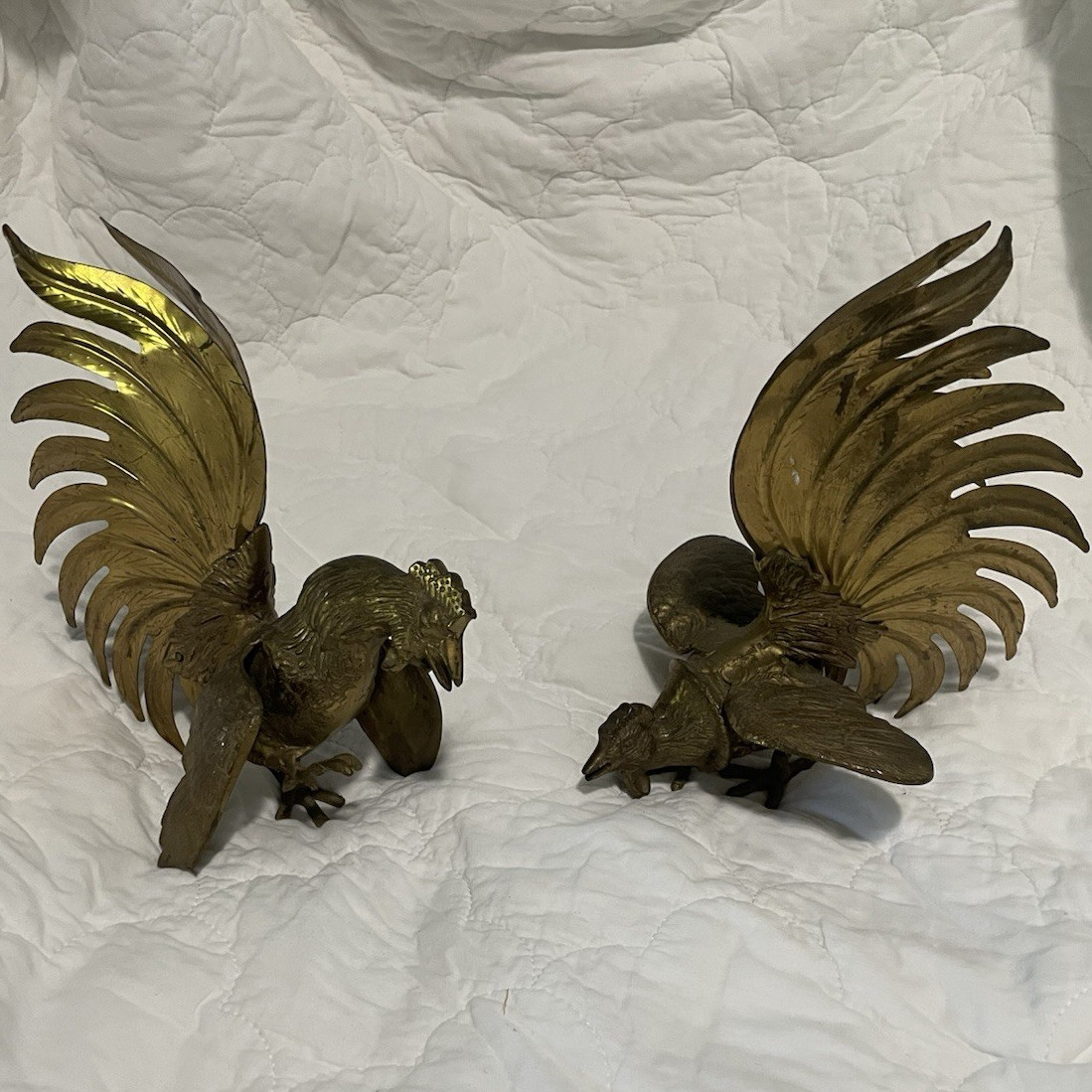 Pair Metal Rooster Figurines, Gold & Bronze Tone Metallic Finish, 3D, 2-Pack
