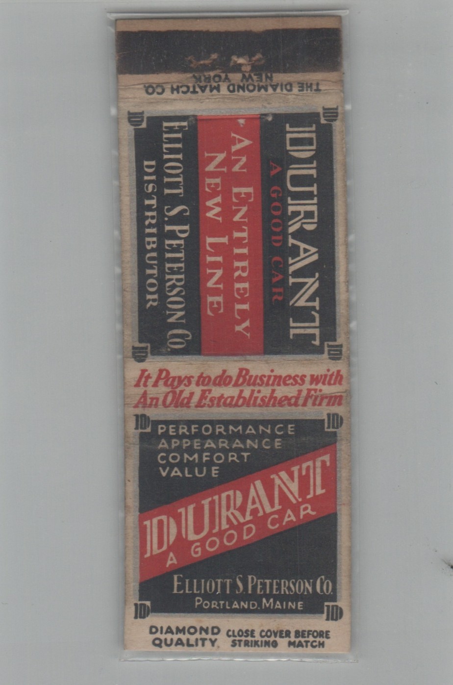 1930s DQ Matchbook Cover Elliott S. Peterson Durant Car Dealer Portland ME