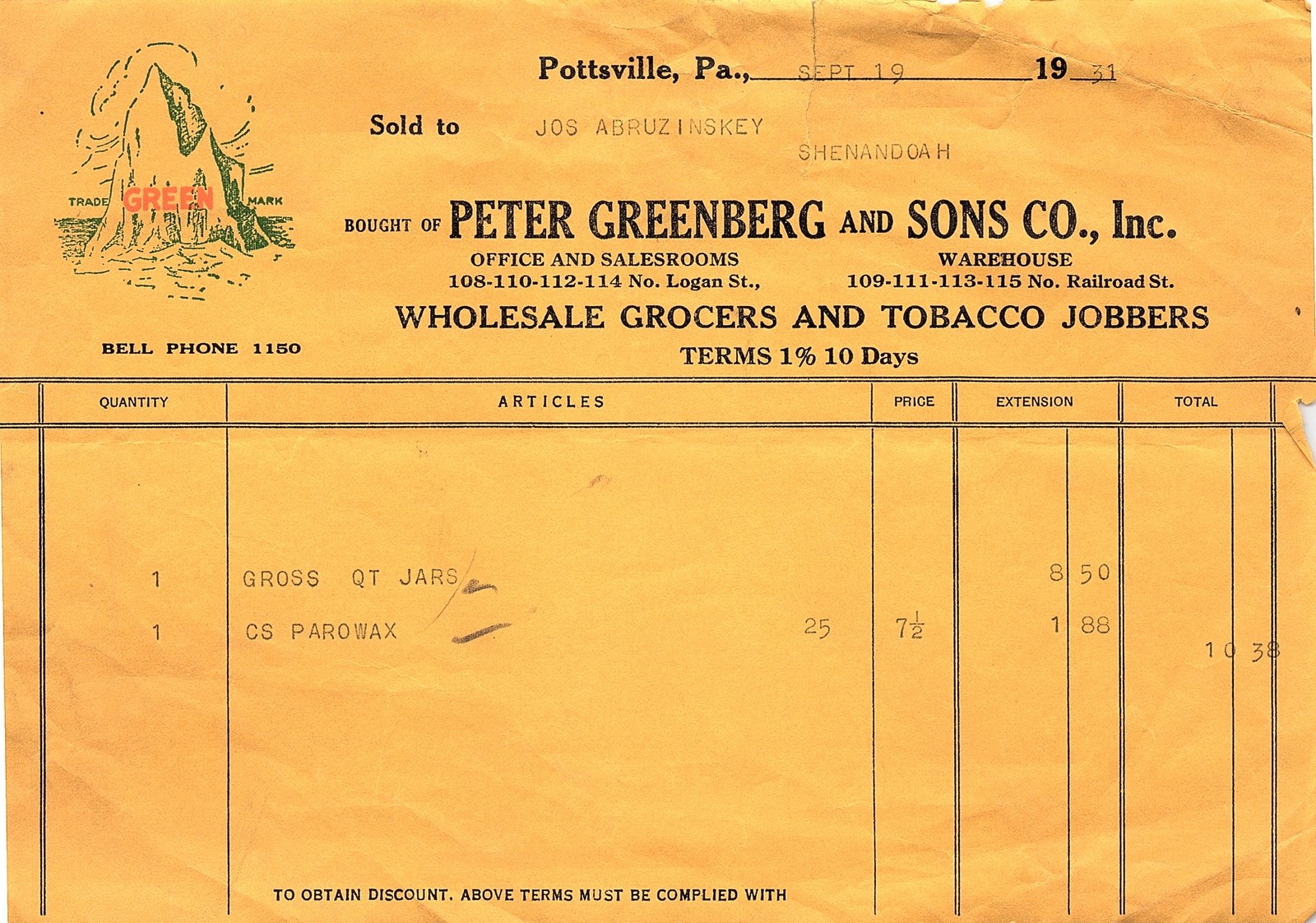1931 Peter Greenberg & Sons Grocers/Tobacco Billhead