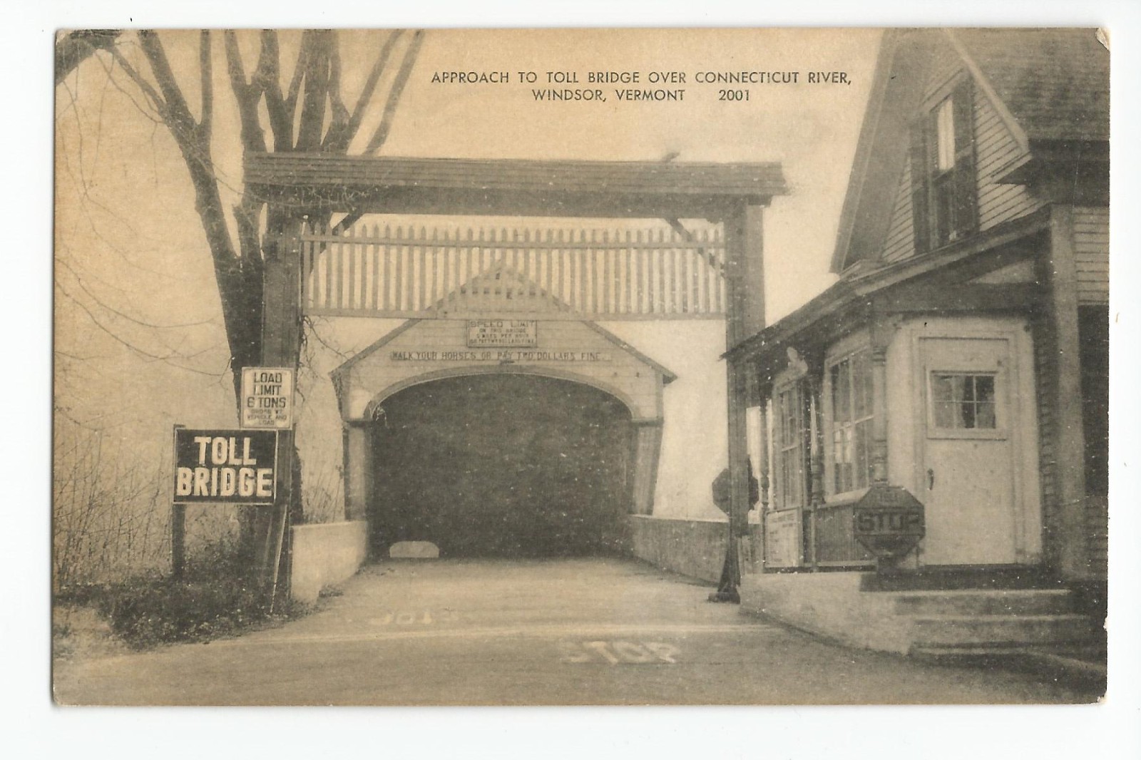 Postcard: Toll Bridge, Connecticut River, Windsor, Vermont - read signs; gate up