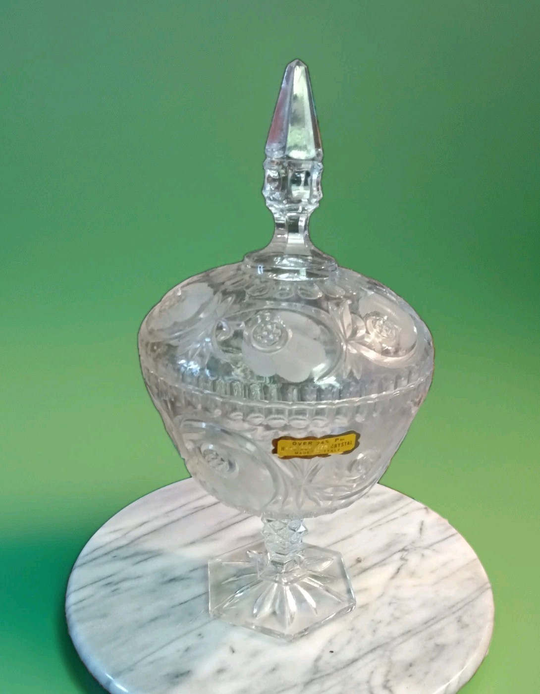 Vintage Cut Etch Lead 24% Crystal Clear Glass Covered Pedestal Compote Bowl 12