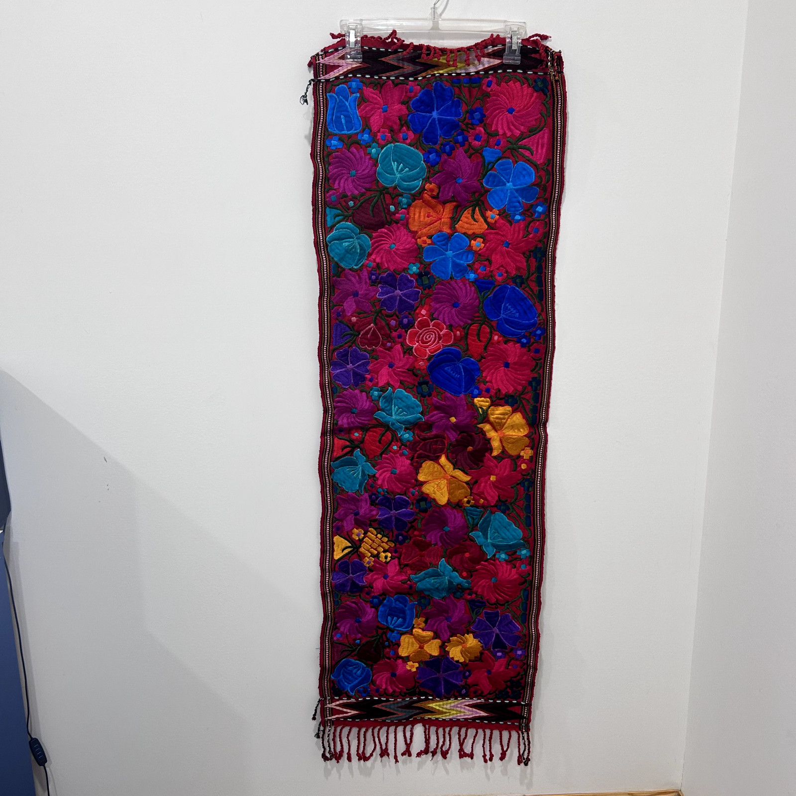 Vintage Guatemalan Hand Embroidered Textile Runner Floral 60x17