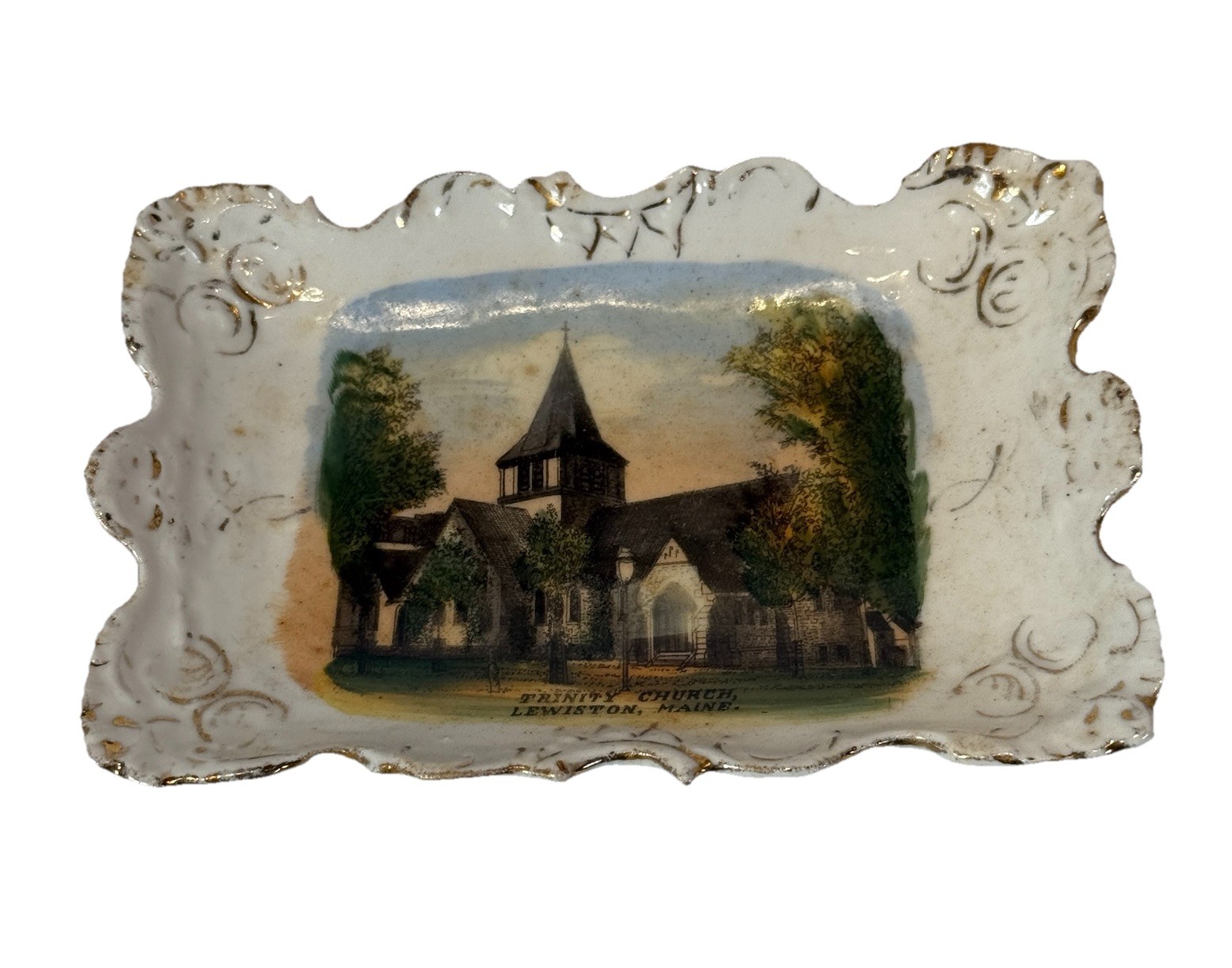 Lewiston MAINE ME Antique Souvenir  TRINITY CHURCH Trinket DOYLE BROS Bowl Plate