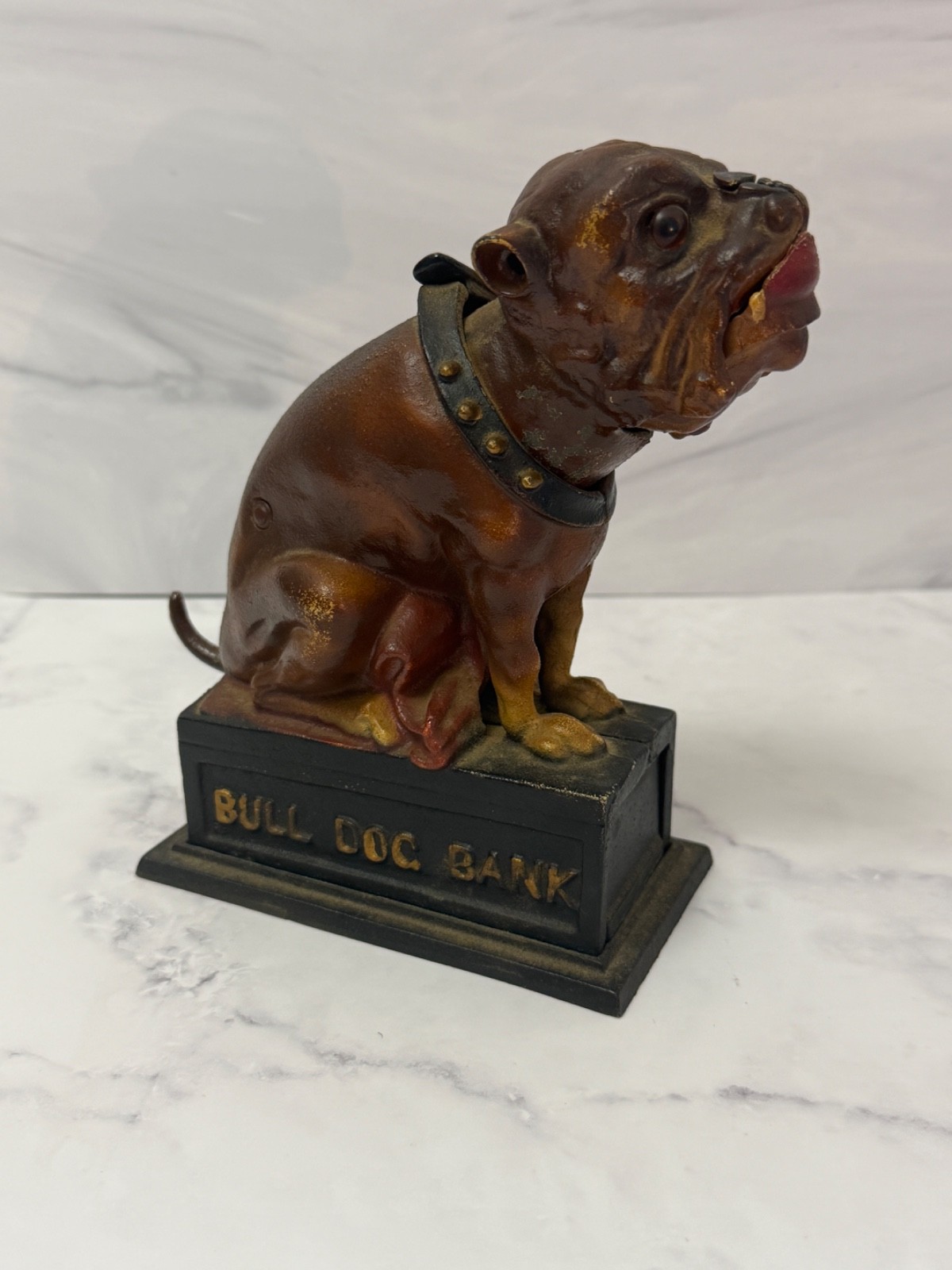 Vintage Original Book Of Knowledge Bull Dog Cast Iron Mechanical Bank Works EUC