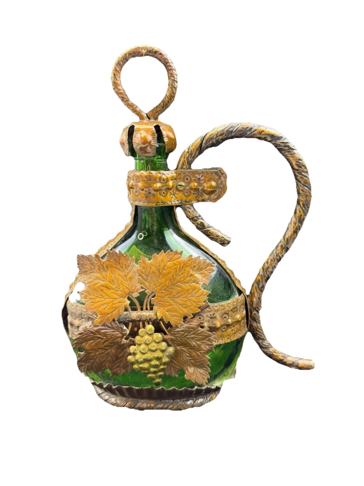 Antique Vintage German Ornate Metal Encased Green Glass Wine Bottle Iron Handle