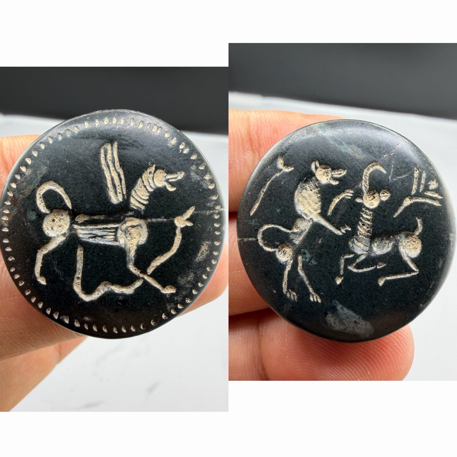 Ancient Black Stone Intaglio Roman Bead Double Sided Winged Creature Archer Ancient Black Stone Intaglio Roman Bead Double Sided Winged Creature Archer
