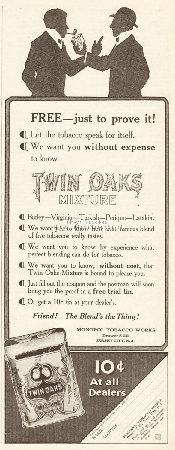 1911 Twin Oaks Tobacco Mixture Ad Metal Tin Monopol Tobacco Works Jersey City NJ