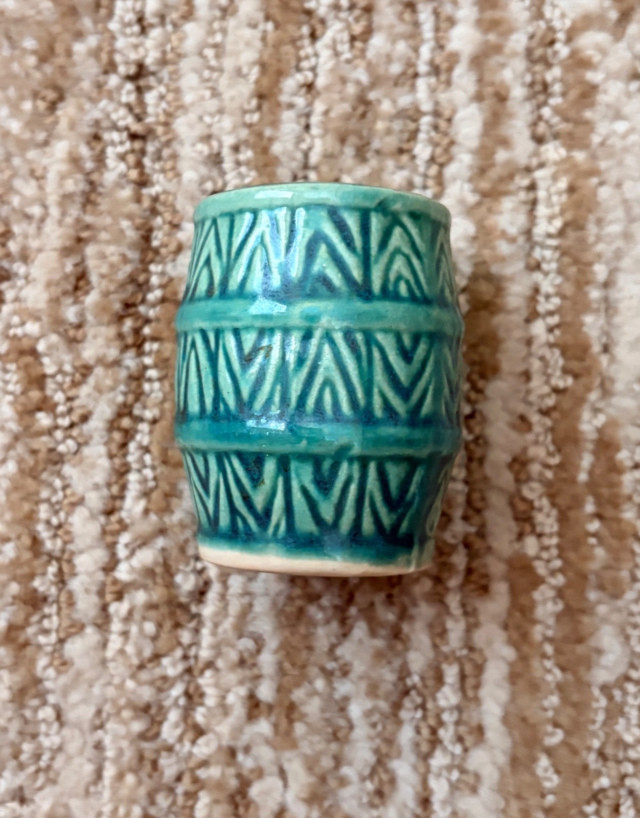 Vintage MCM Green Ceramic Toothpick Holder Japan Barrel Shaped Rare Color
