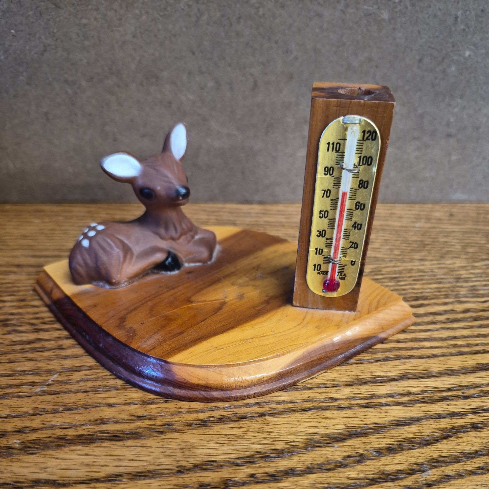 Vintage Wood Yellowstone  National Park Ceramic Fawn Thermometer