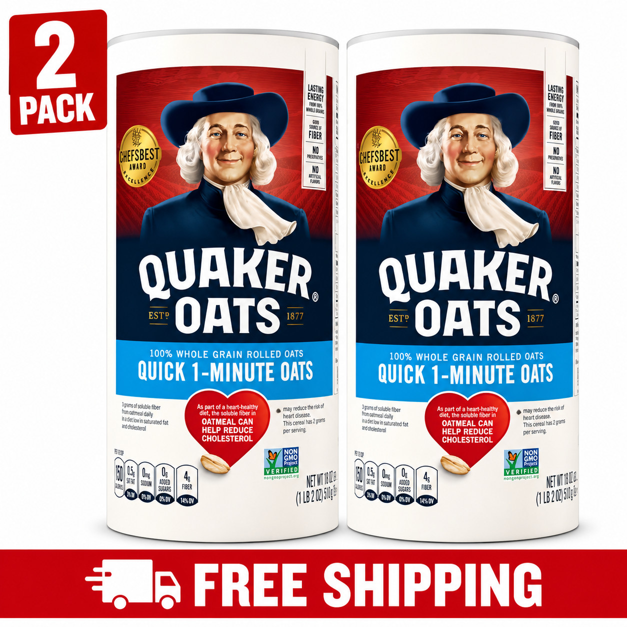Quaker Quick 1 Minute Oats Oatmeal 42 oz Canister 2 Pack | Whole Grain