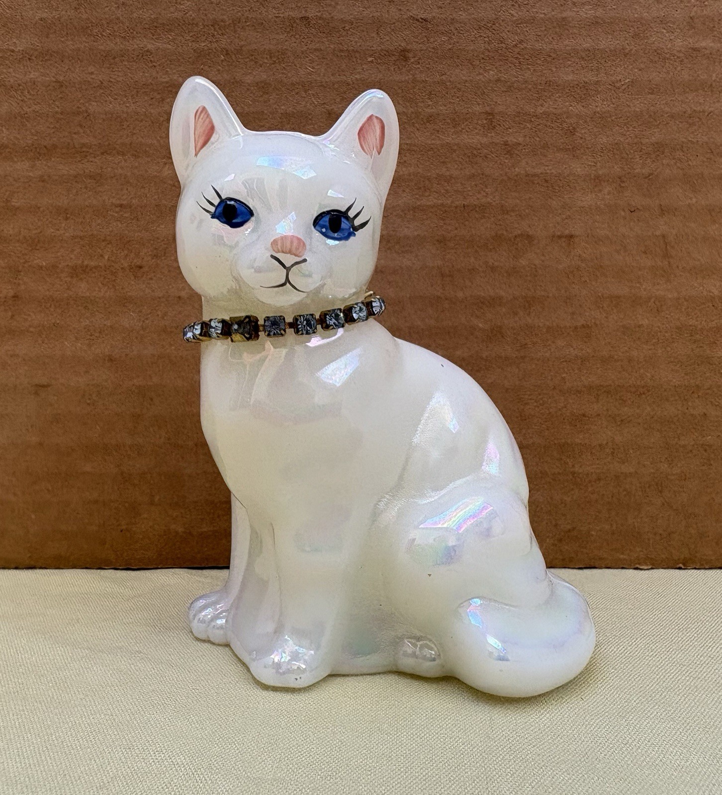 VTG 90’s Fenton Opal Iridescent Birthday Cat Fig. Blue Rhinestone, B Montgomery