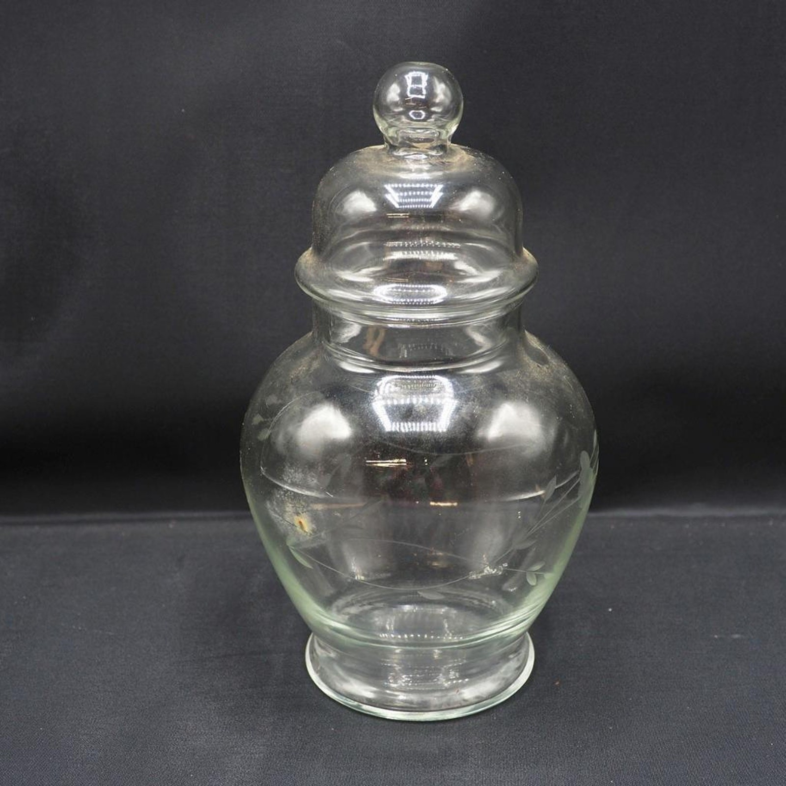 Clear Glass Lidded Jar Etched Mid Century