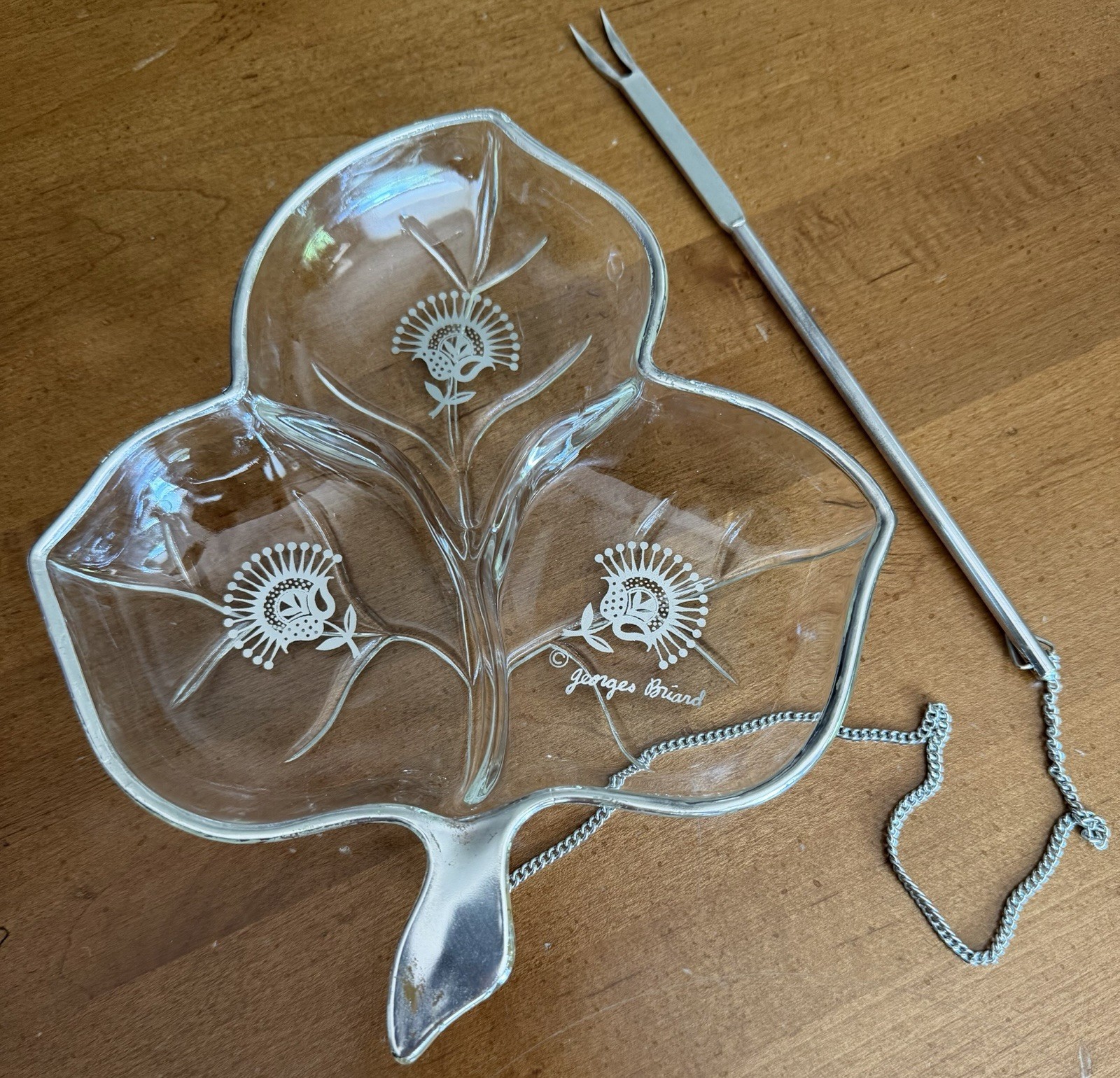 Vintage Georges Briard Silver Decorated Divided Glass Relish Dish with Fork Vintage Georges Briard Silver Decorated Divided Glass Relish Dish with Fork