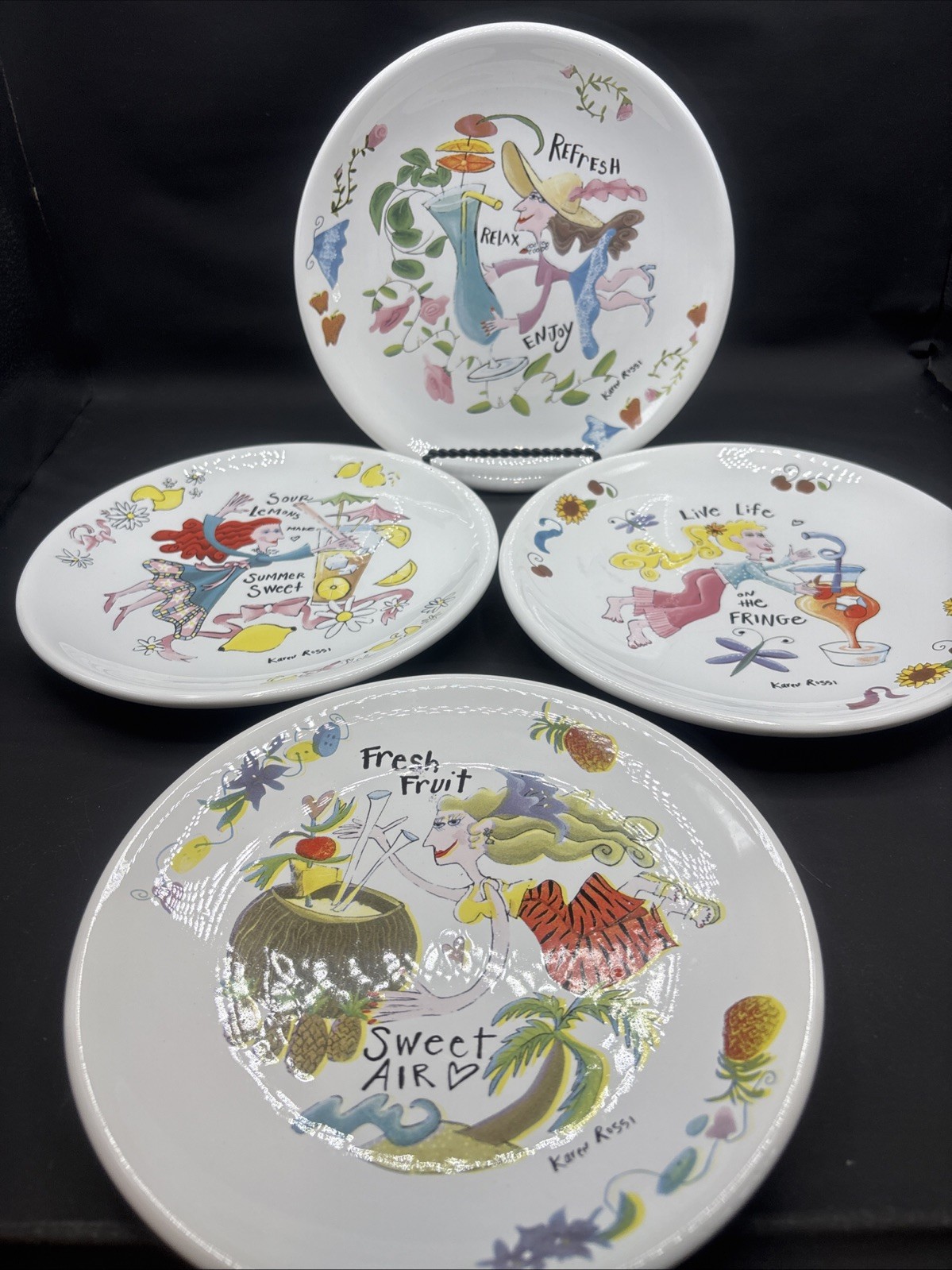 Whimsical Karen Rossi Art with Life Set of 4 Snack Plates Vintage