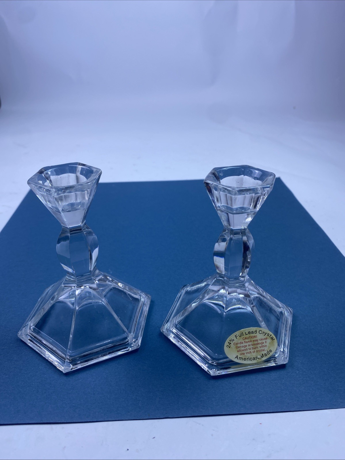 2 Vintage 24% Full Lead CRYSTAL Taper Candle Stick Holders 4” U.S.A.