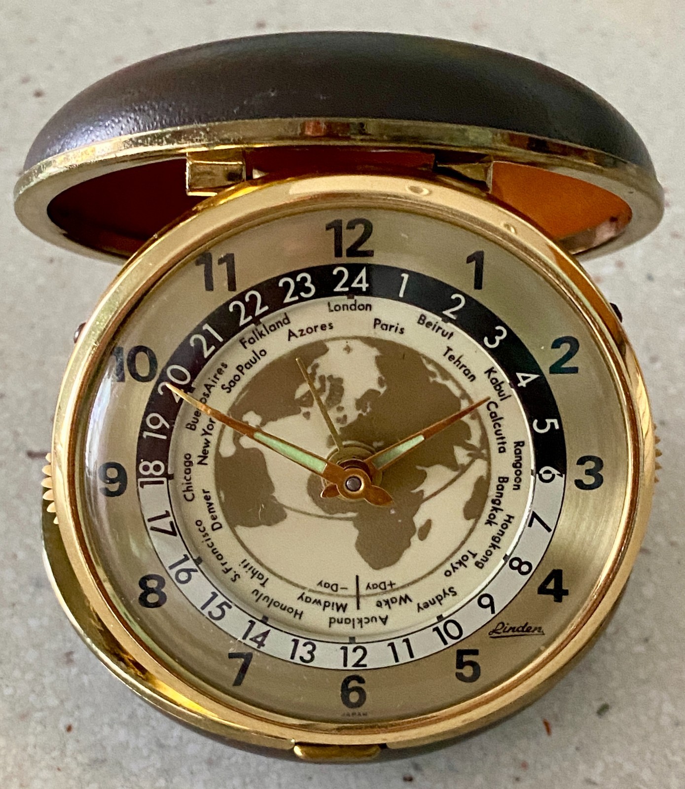 Vintage Linden Travel World Clock Map Time Zones Wind Up Japan Works