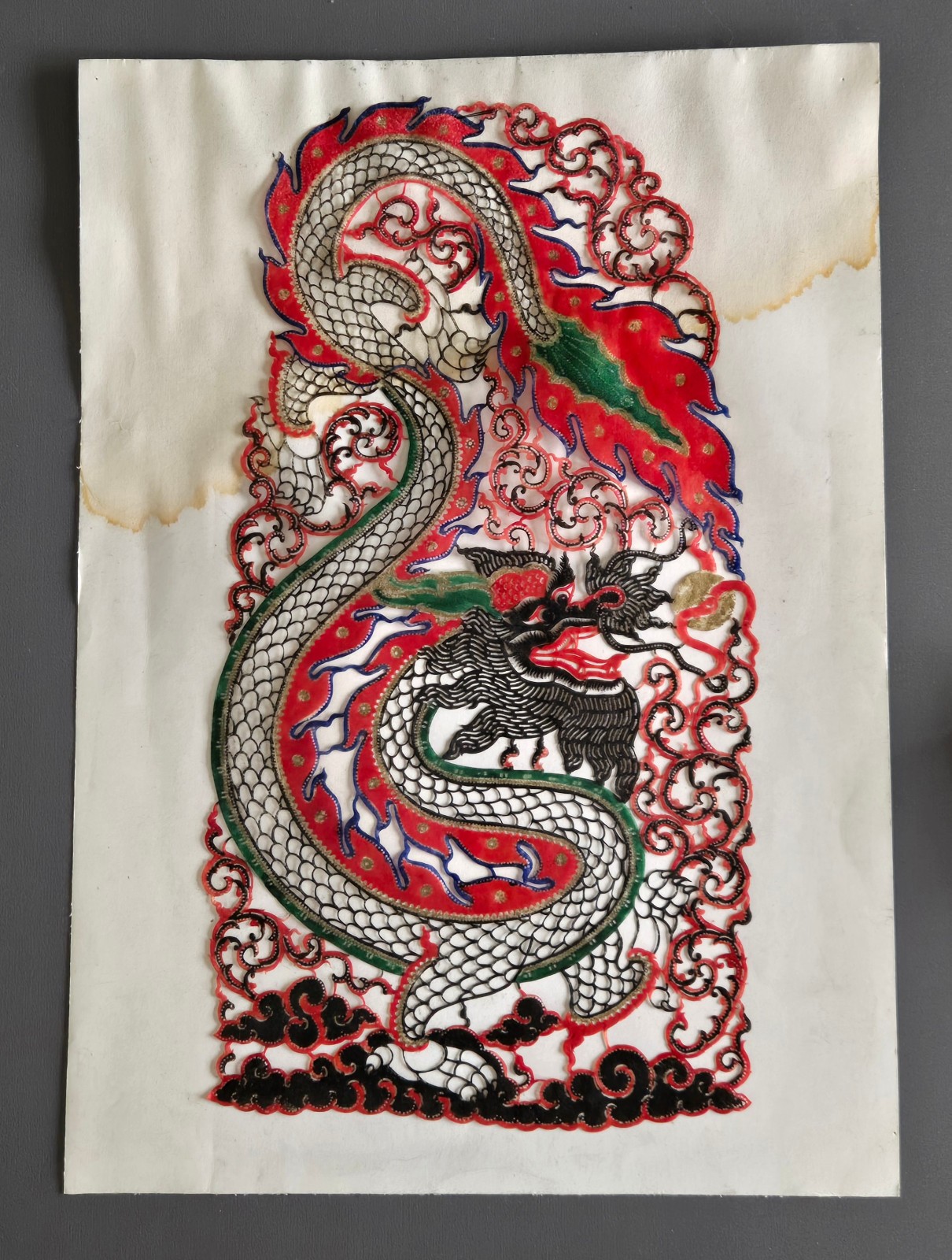 Large Hand Carved Thai Leather Dragon Panel Nang Yai Style Folk Art 19.5