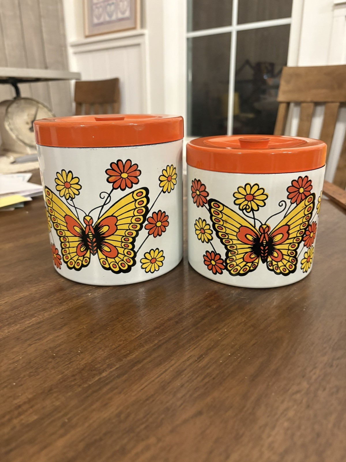 Vintage HTF Butterfly Flower Canister Plastic Lacquer 60s 70s Orange Yellow 2 pc
