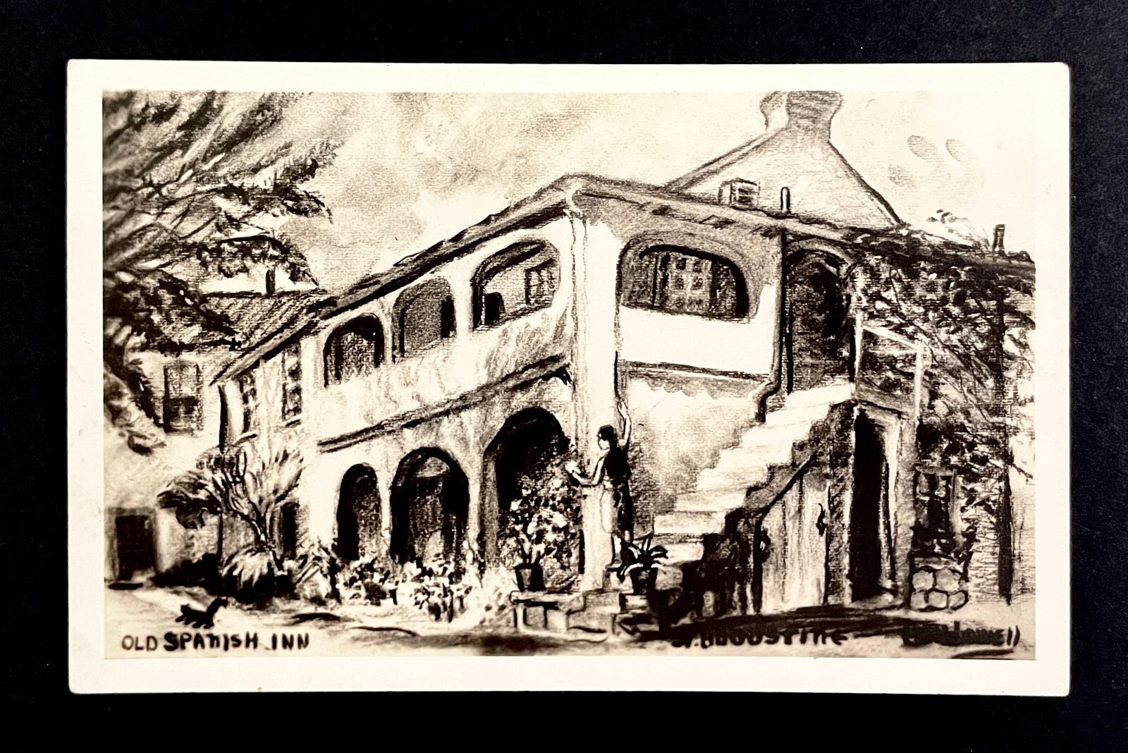 1920s Old Spanish Inn Charcoal Drawing Vintage RPPC Photo Print Postcard 1920s Old Spanish Inn Charcoal Drawing Vintage RPPC Photo Print Postcard