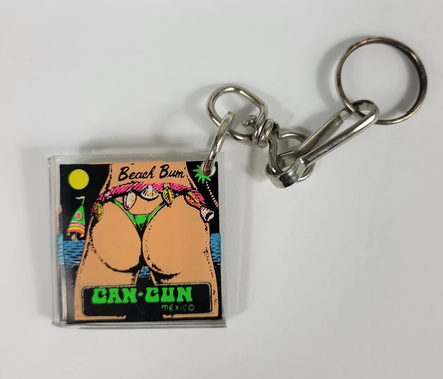 Vtg Cancun Mexico Souvenir Keychain Key Fob Acrylic Beach Bum